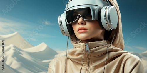 Hübsche Model Frau mit VR Brille 3D VR Metaverse mit futuristischem Hintergrund in Querformat als Banner, ai generativ