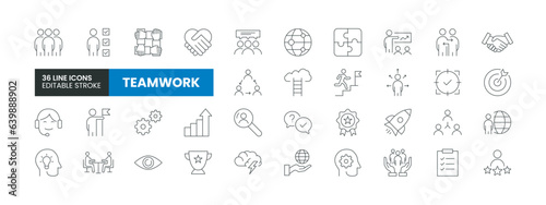 Set of 36 Teamwork line icons set. Teamwork outline icons with editable stroke collection. Includes Collaboration, Research, Outsourcing, Teamwork, Brainstorming and More.