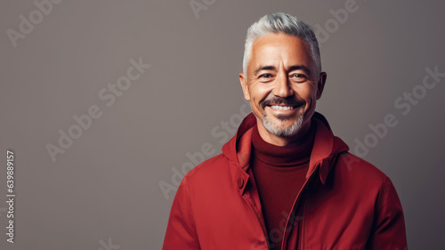 Hispanic man in 50s, short gray hair, red jacket