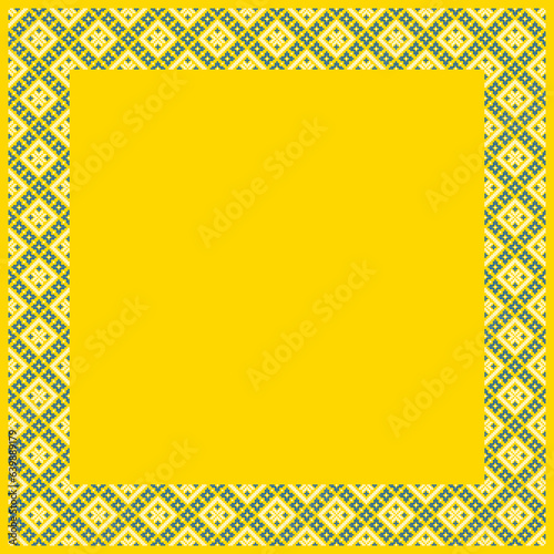 Vector illustration of Ukrainian ornament in ethnic style, identity, vyshyvanka, embroidery for print clothes, websites, banners. Background. Geometric design, border, copy space, frame