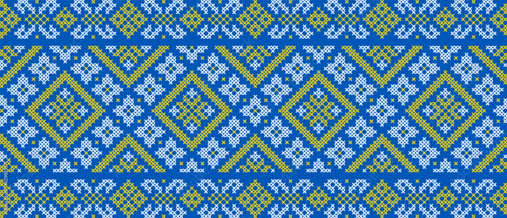 Vector illustration of Ukrainian ornament in ethnic style, identity, vyshyvanka, embroidery for print clothes, websites, banners. Background. Geometric design, border, copy space, frame