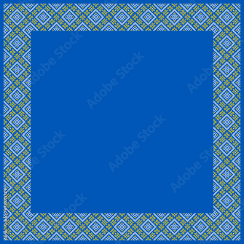 Vector illustration of Ukrainian ornament in ethnic style, identity, vyshyvanka, embroidery for print clothes, websites, banners. Background. Geometric design, border, copy space, frame