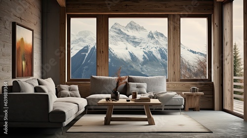 alpine cabin interior living room space  rustic-inspired design  modern furniture  large windows with winter alpine view