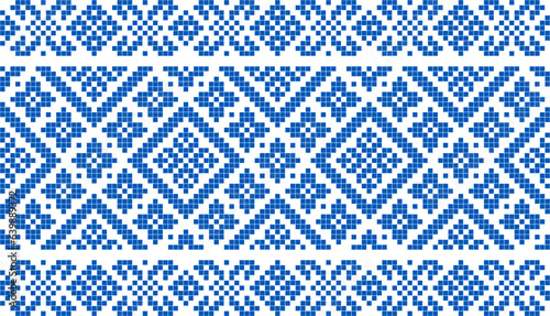 Vector illustration of Ukrainian ornament in ethnic style, identity, vyshyvanka, embroidery for print clothes, websites, banners. Background. Geometric design, border, copy space, frame