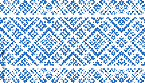 Vector illustration of Ukrainian ornament in ethnic style, identity, vyshyvanka, embroidery for print clothes, websites, banners. Background. Geometric design, border, copy space, frame