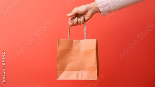 hand holding shopping bags with red background 