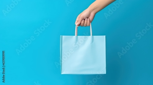 Hand holding shopping bag on blue background 