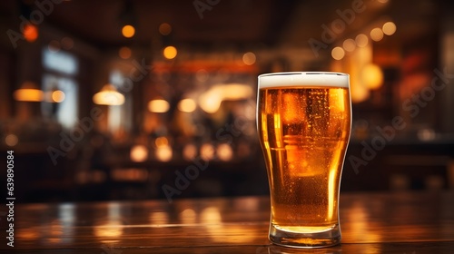 Glass of beer on a bar counter in a pub or restaurant. Glass of beers on a local pub, low angle view. 