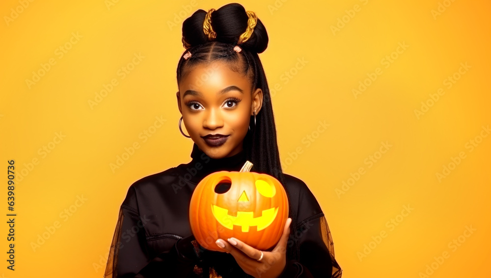 black girl holding jack-o-lantern on yellow background, Halloween concept. AI generated