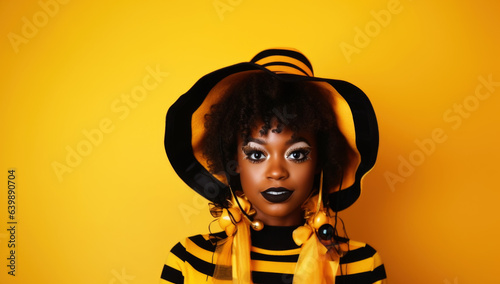 black girl on yellow background, Halloween concept. AI generated