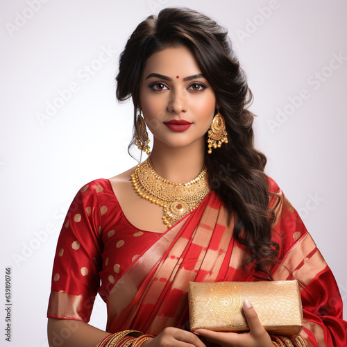 Portrait of a smiling woman in traditional red and golden saree holding gifts photo