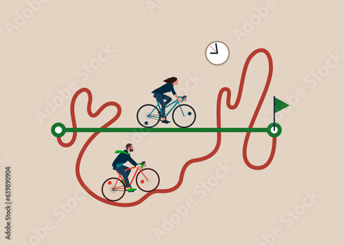 Business people with Bicycle pass on straight easy way and other on hard messy path.Easy or shortcut way to success or hard path and obstacle. Flay vector illustration