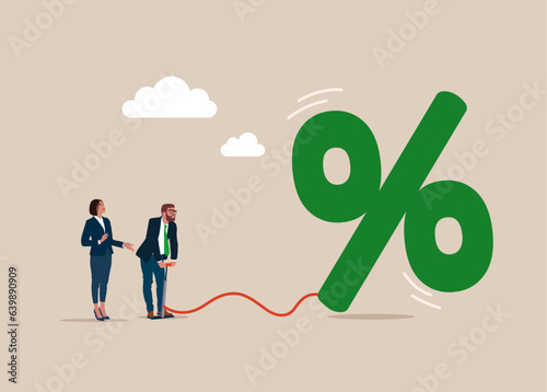 Businessman pumps up a balloon of a percent floats higher. Rising up on price. Flat vector illustration.