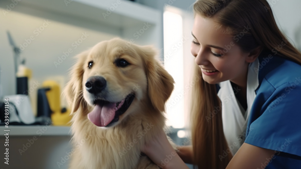 Beautiful Female Veterinarian Petting a Noble Golden Retriever Dog. Healthy Pet on a Check Up Visit in Modern Veterinary Clinic with Happy Caring Doctor - obrazy, fototapety, plakaty 
