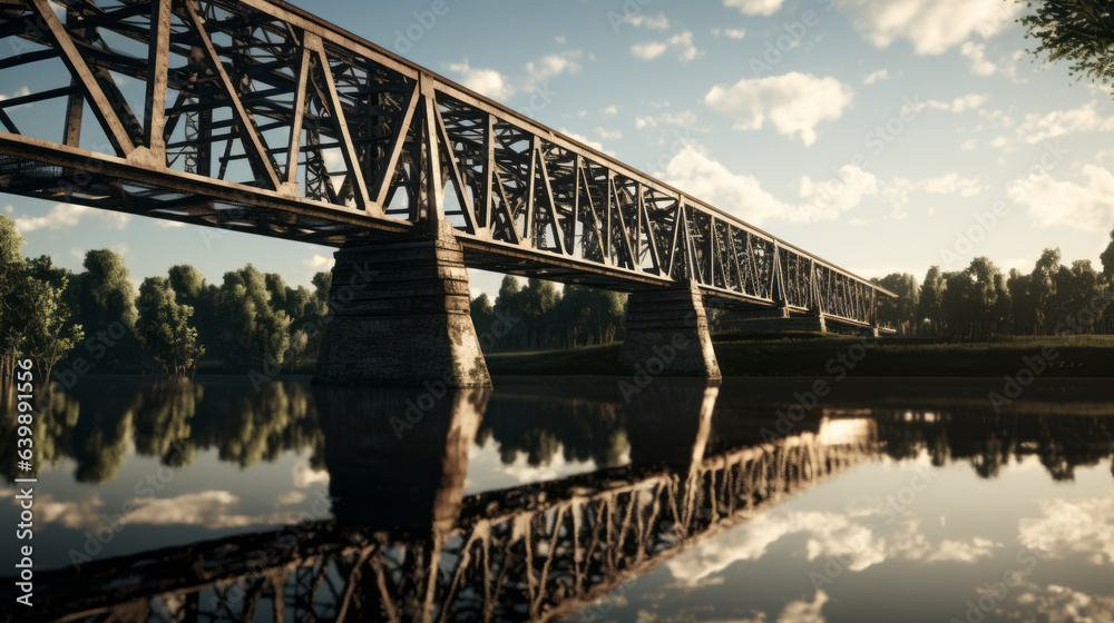 Riverside Serenity: A Stunning Steel Bridge's Reflections Gracefully Dancing on the Calm Waters, Capturing the Beauty of Urban Architecture and Nature's Harmony