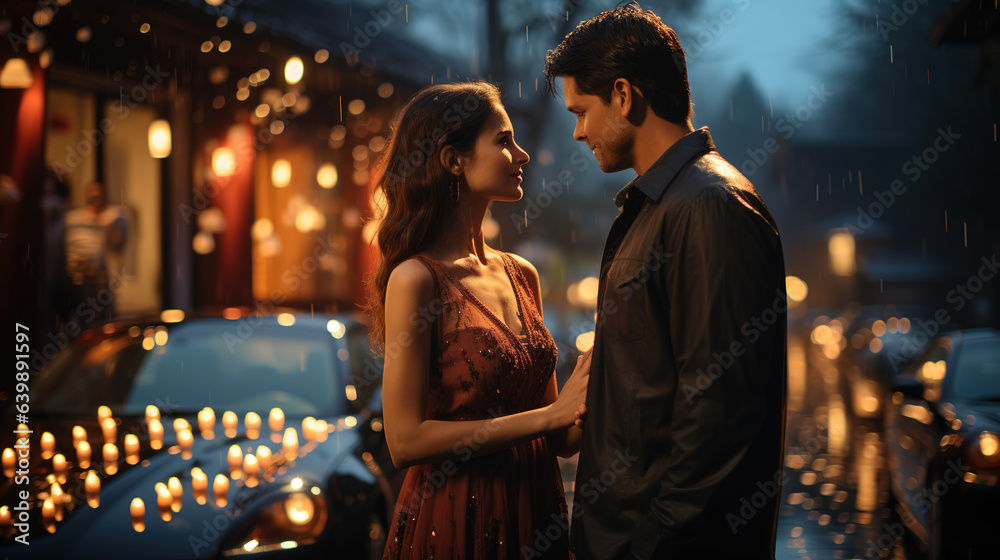 Beautiful young couple standing near car in night, Diwali festival celebration in india