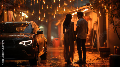 Beautiful young couple standing near car in night, Diwali festival celebration in india © Graphic Master