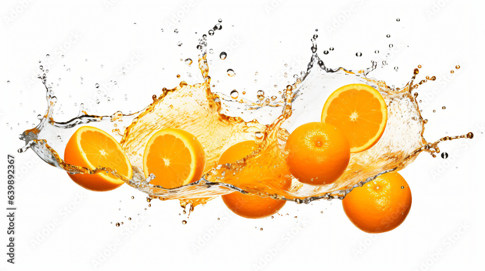 Delicious and juicy oranges fruit flying over, with many squirts of fresh water on white background - obrazy, fototapety, plakaty 
