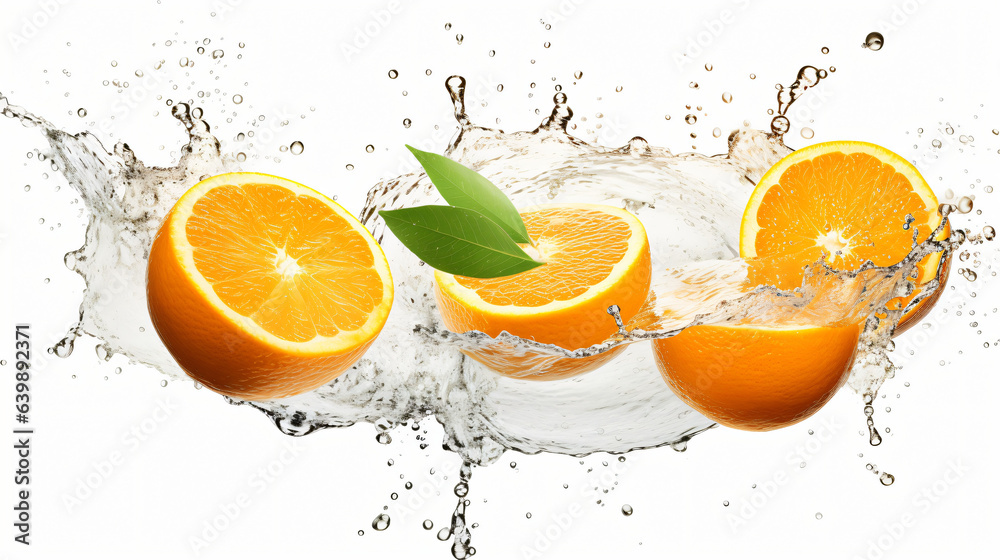 Delicious and juicy oranges fruit flying over, with many squirts of fresh water on white background - obrazy, fototapety, plakaty 