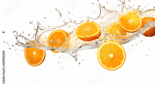 Delicious and juicy oranges fruit flying over, with many squirts of fresh water on white background