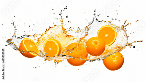 Delicious and juicy oranges fruit flying over, with many squirts of fresh water on white background