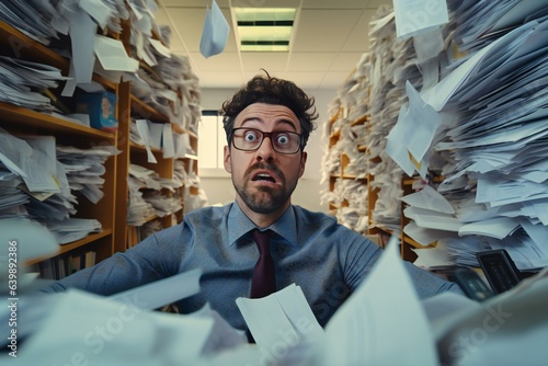 Stressed overwhelmed businessman surrounded by office papers. Exhausted office worker. Burnout at work. Taught and hand work concept.