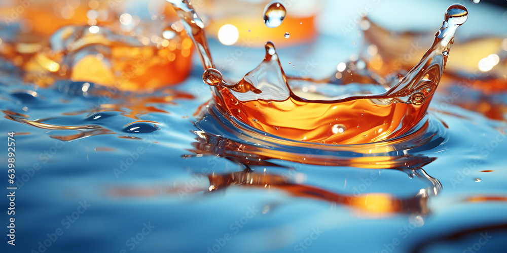 Wasser und Spiegelung in blau und orange platscht als Hintergrund für Webdesign Nahaufnahme im Querformat für Banner, ai generativ - obrazy, fototapety, plakaty 