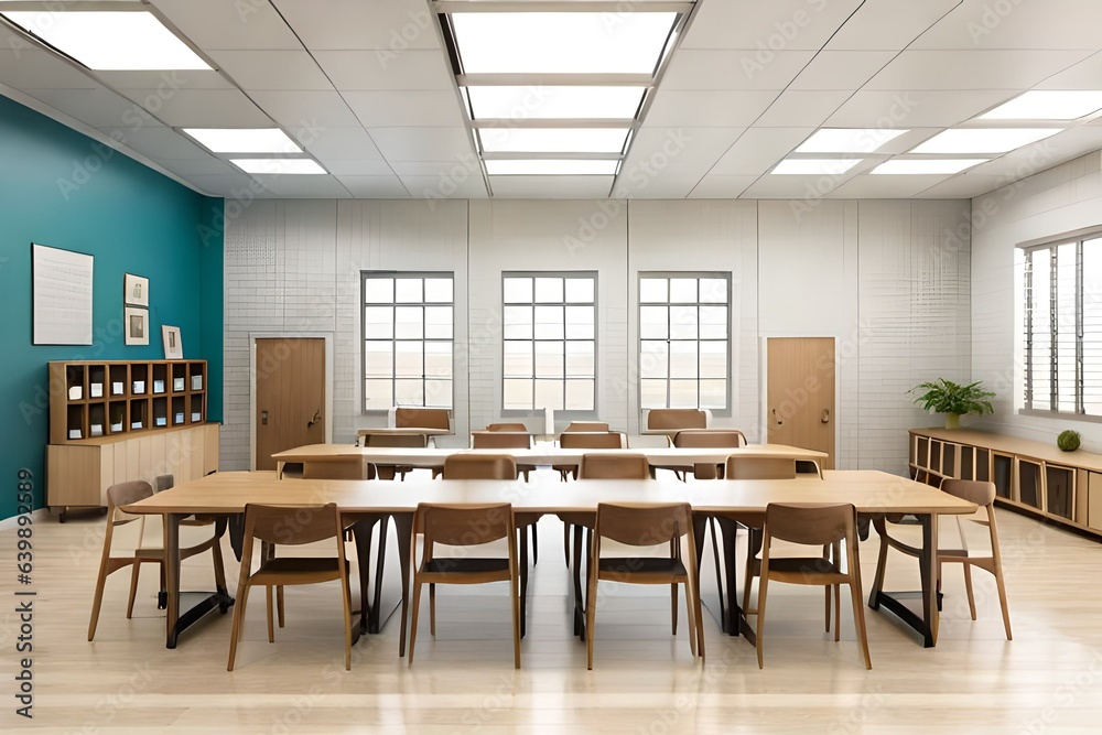 empty classroom with wooden chairs and tables Generated Ai
