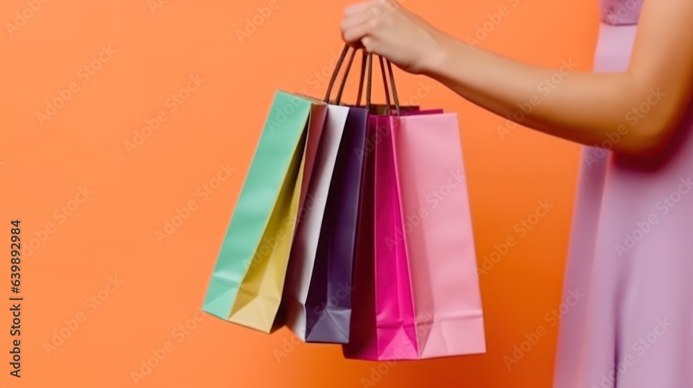 Hand holding colorful shopping bag on blank background with copy space 