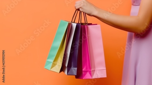 Hand holding colorful shopping bag on blank background with copy space 