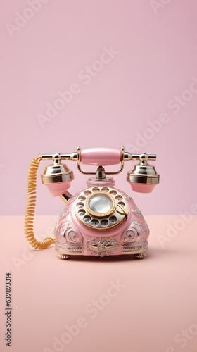 Vintage light pink rotary dial telephone on a light pink background. Nostalgia concept. 