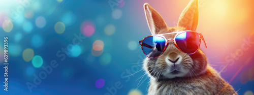 Easter bunny in sunglasses on colourful background with free copy space