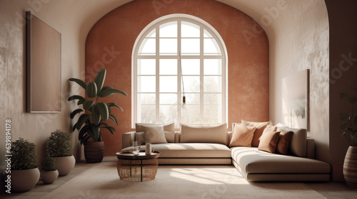 Loft home interior design of modern living room. beige sofa with terra cotta pillows against arched window near stucco wall with copy space.