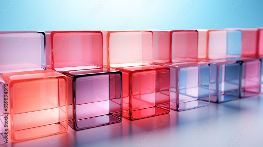 3d render style, abstract geometric background, translucent glass cubes with pink red violet gradient, simple square shapes. 3d render style, abstract geometric background, translucent glass cubes with pink red violet gradient, simple square shapes.
