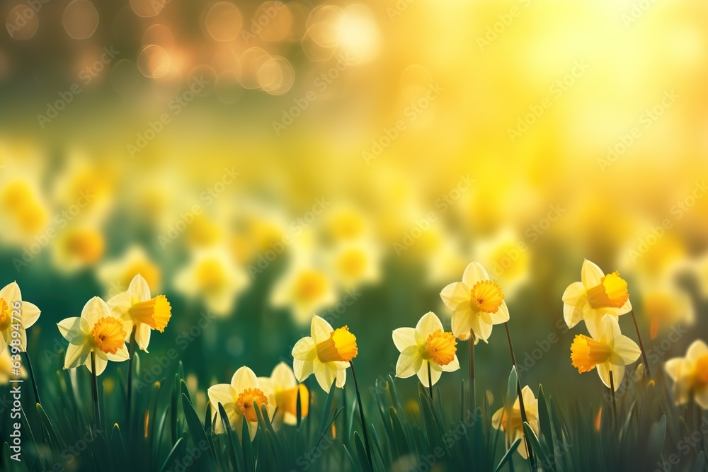 Obraz premium Yellow Daffodils Flowers closeup on a yellow or green bokeh background