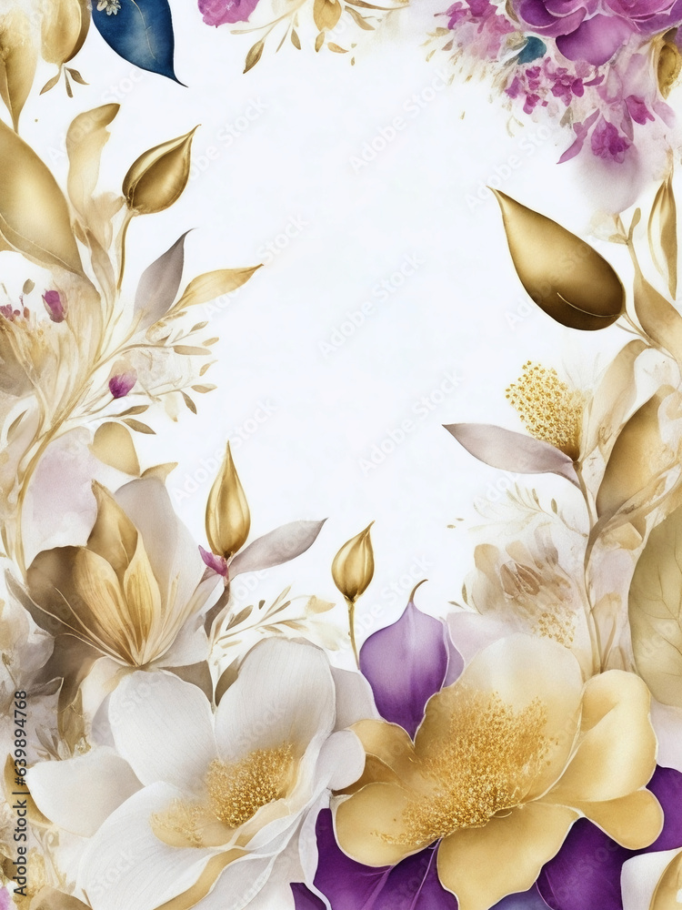 Spring floral in watercolor background. Luxury wallpaper design with flowers, line art, golden texture. Elegant gold blossom flowers illustration suitable for fabric, prints, cover, vivid flowers, lea - obrazy, fototapety, plakaty 