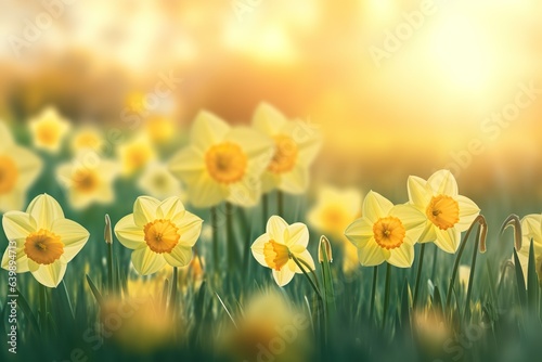 Yellow Daffodils Flowers closeup on a yellow or green bokeh background