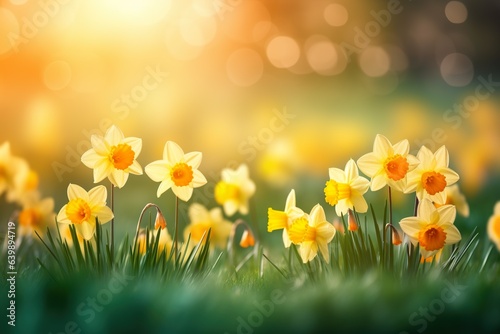 Yellow Daffodils Flowers closeup on a yellow or green bokeh background © JetHuynh