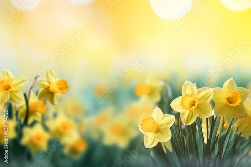 Yellow Daffodils Flowers closeup on a yellow or green bokeh background