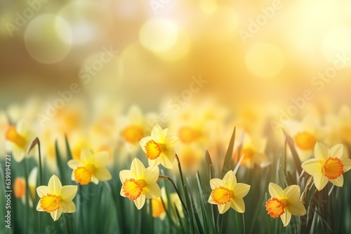 Yellow Daffodils Flowers closeup on a yellow or green bokeh background