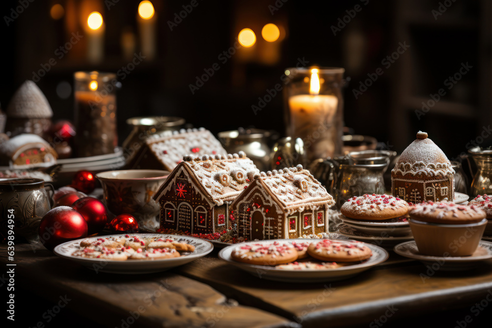 Gingerbread Delights. Table adorned with gingerbread houses and festive treats, capturing the delightful culinary traditions of Christmas. Generative AI.