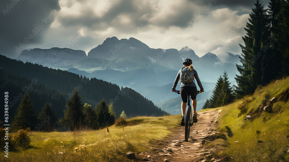 Mountain biking woman riding on bike in summer 