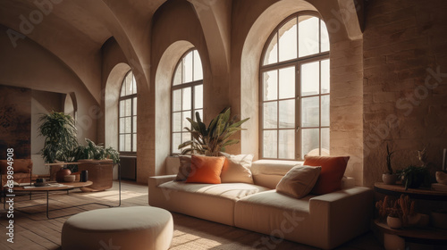 Loft home interior design of modern living room. beige sofa with terra cotta pillows against arched window near stucco wall with copy space. © Matthew