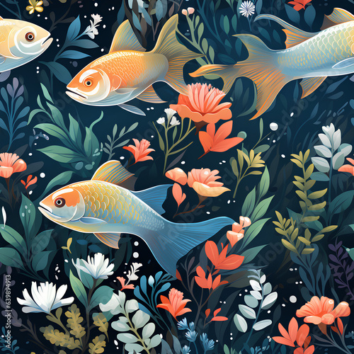 Fish Vector Japanese traditional illustrations of red fish in a pond or sea with flowers and seaweed for seamless pattern  background or poster.