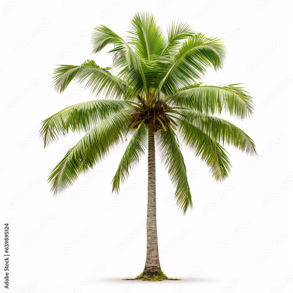 Obraz premium In isolation, a coconut palm emerges on a blank white background, symbolizing tropical flora.