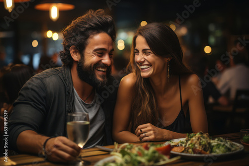 Culinary Adventures. Couple dining at a trendy restaurant  capturing the joy of exploring diverse cuisines. Generative AI.