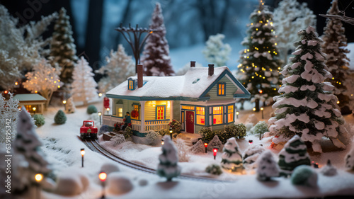 exterior view, snow covered yard and roof, Christmas decorations lit, tilt-shift, style of Thomas Kinkade or Norman Rockwell  photo