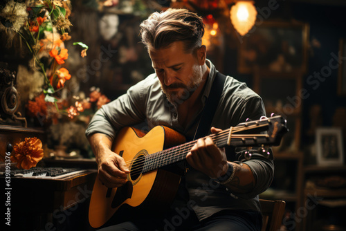 Musician's Passion. Musician strumming a guitar in a bohemian-style room, capturing the soulful and creative lifestyle. Generative AI.
