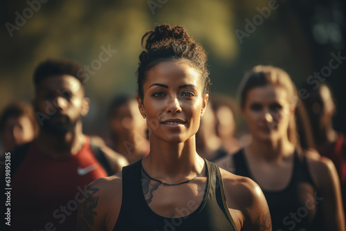 Fitness Community. Group participating in a boot camp class at a park, symbolizing the support and camaraderie of fitness groups. Generative AI.
