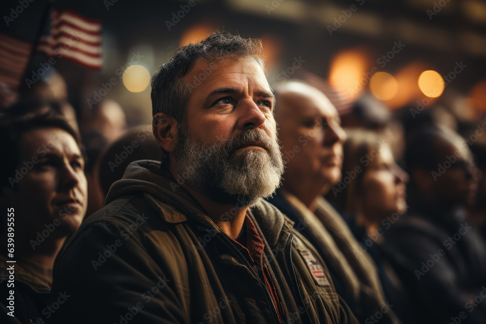 Political Rally. People at a political rally expressing diverse viewpoints, reflecting the complexity of societal beliefs. Generative AI. Political Rally. People at a political rally expressing diverse viewpoints, reflecting the complexity of societal beliefs. Generative AI.